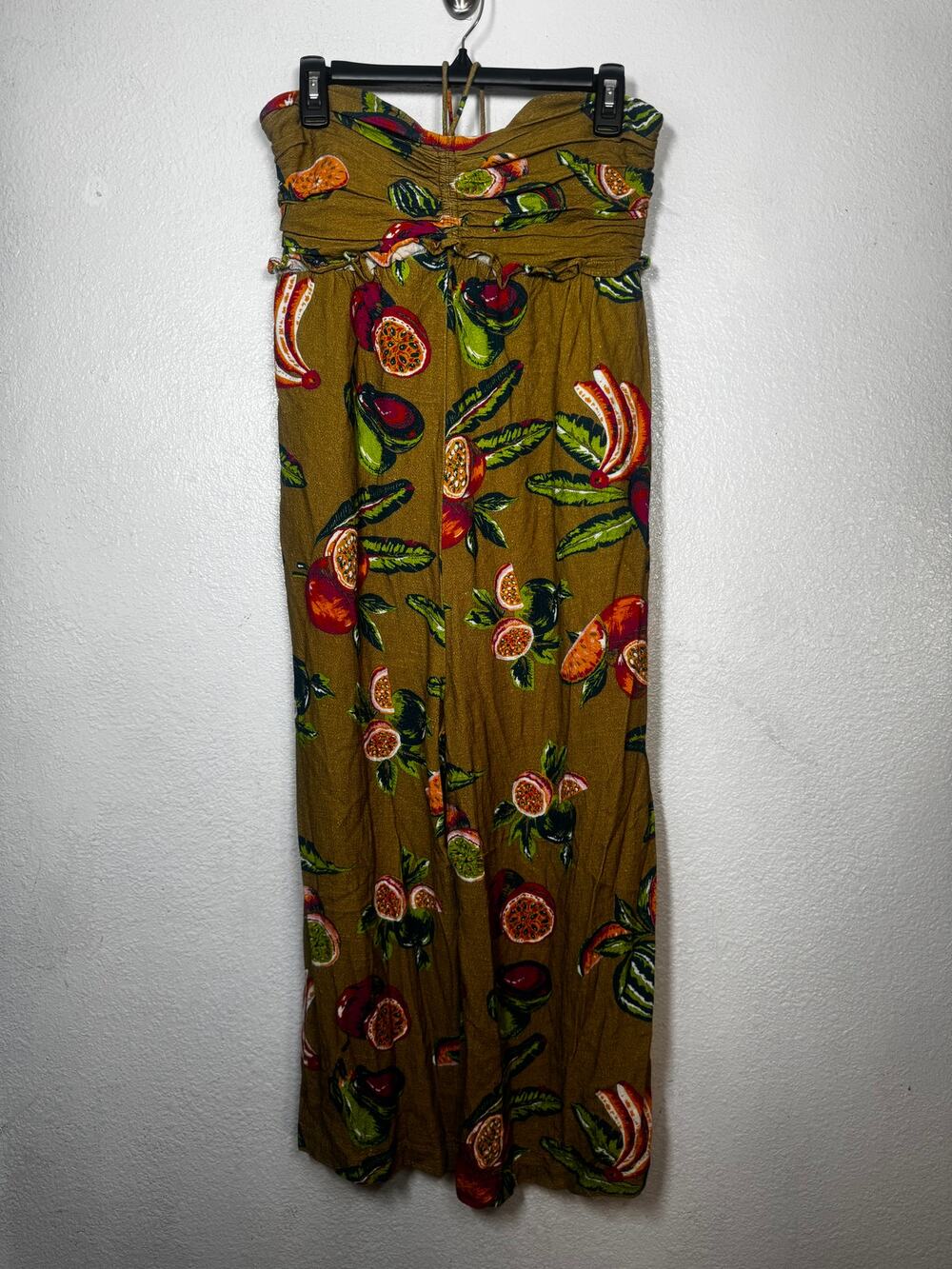 The Odells Linen Isla Jumpsuit Olive Green Bust Halter Tie Tropical Fruit Sz M